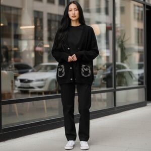 Wynne Collection‎ Black Embellished Pocket Cardigan Sweater Size L